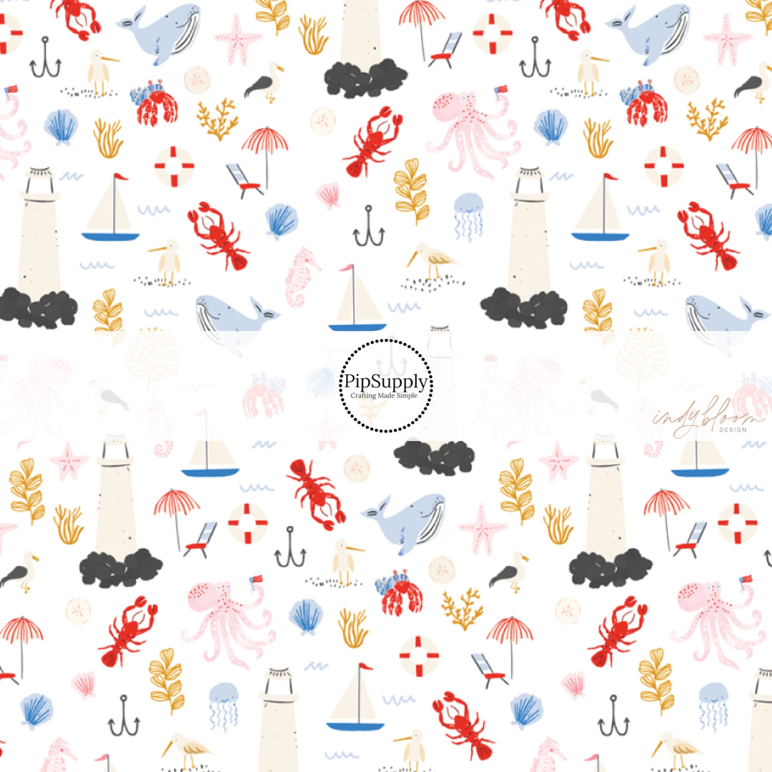 This summer fabric by the yard features sailboats, light houses, crabs, and ocean life. This fun themed fabric can be used for all your sewing and crafting needs!