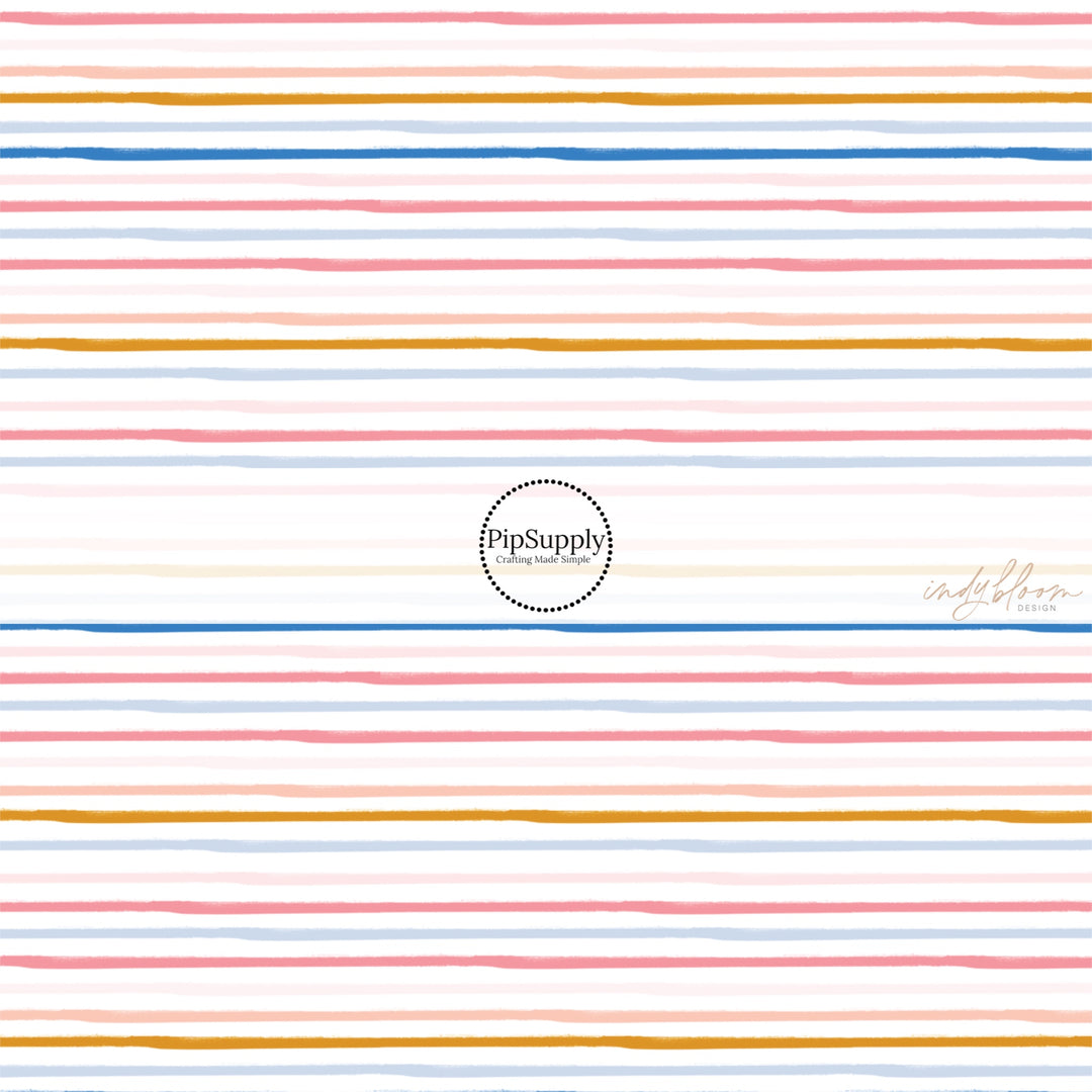 This summer fabric by the yard features multi colored stripes on white. This fun themed fabric can be used for all your sewing and crafting needs!