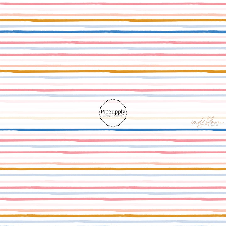 This summer fabric by the yard features multi colored stripes on white. This fun themed fabric can be used for all your sewing and crafting needs!