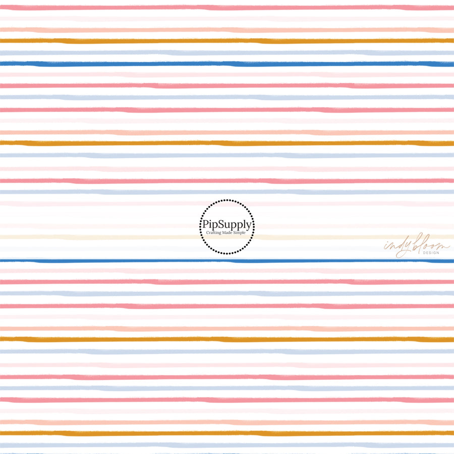 This summer fabric by the yard features multi colored stripes on white. This fun themed fabric can be used for all your sewing and crafting needs!