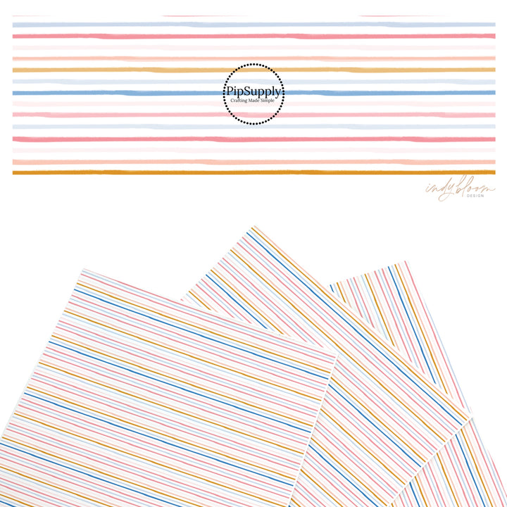 These summer faux leather sheets contain the following design elements: multi colored stripes on white. Our CPSIA compliant faux leather sheets or rolls can be used for all types of crafting projects.