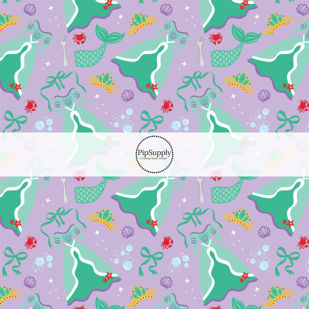 These magical princess themed fabric by the yard features princess dresses, bows, and tiaras on a purple pattern. This fun pattern fabric can be used for all your sewing and crafting needs!