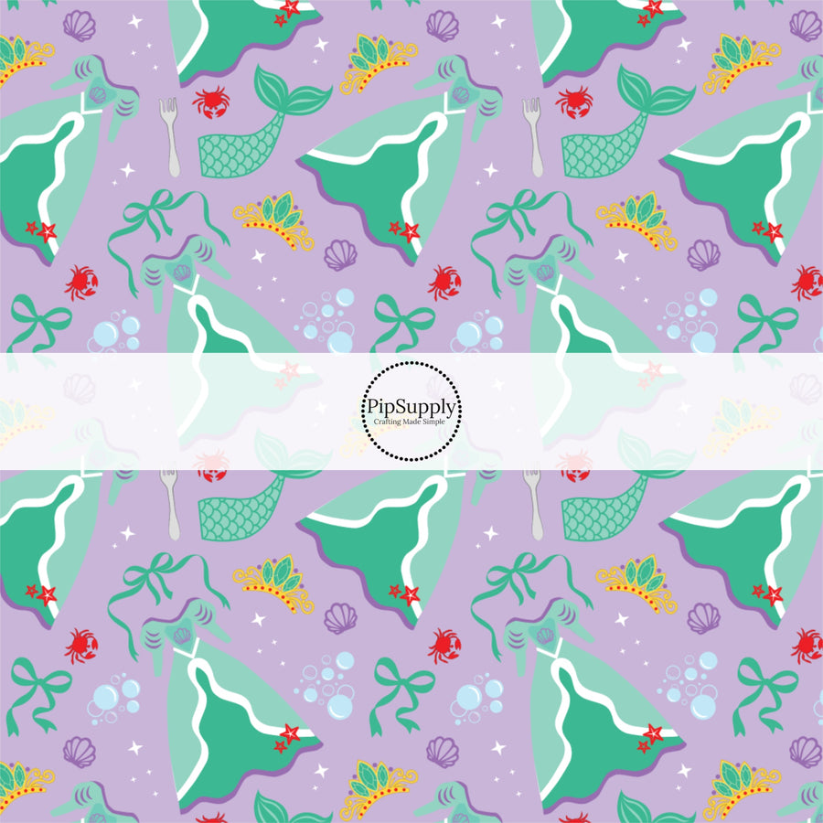 These magical princess themed fabric by the yard features princess dresses, bows, and tiaras on a purple pattern. This fun pattern fabric can be used for all your sewing and crafting needs!