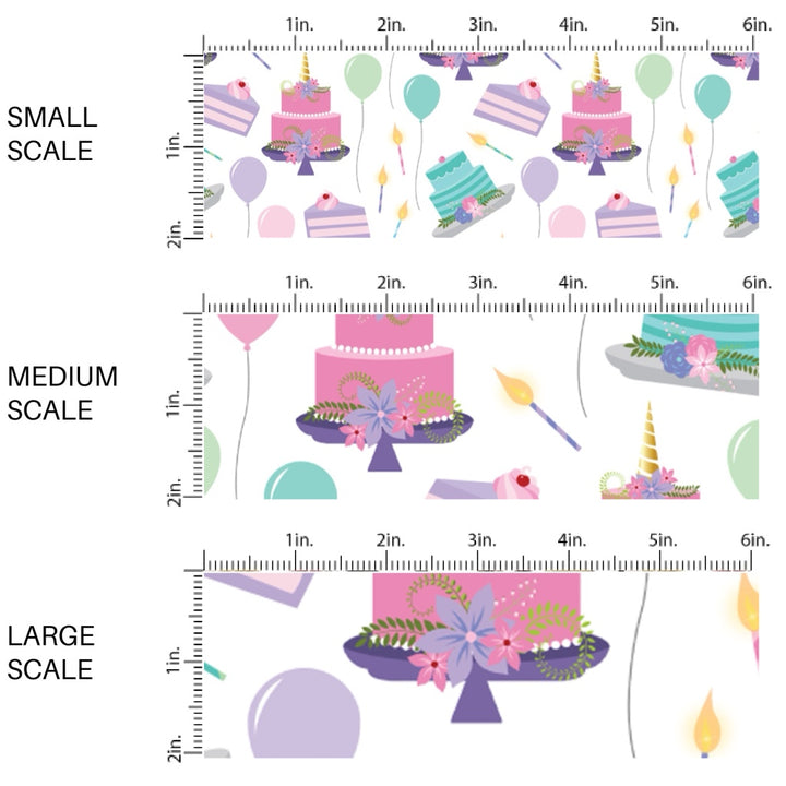 This scale chart of small scale, medium scale, and large scale of this celebration fabric by the yard features birthday cake, candles, and balloons. This fun themed fabric can be used for all your sewing and crafting needs!