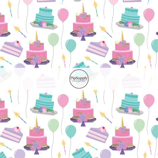 This celebration fabric by the yard features birthday cake, candles, and balloons. This fun themed fabric can be used for all your sewing and crafting needs!