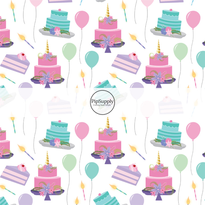 This celebration fabric by the yard features birthday cake, candles, and balloons. This fun themed fabric can be used for all your sewing and crafting needs!