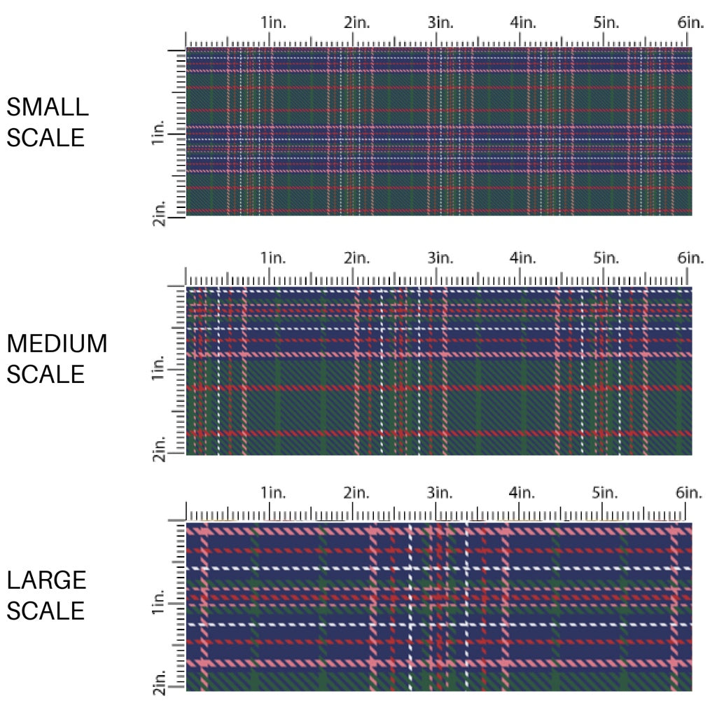 This scale chart of small scale, medium scale, and large scale of these school uniform plaid themed fabric by the yard features colorful plaid pattern on dark green. This fun themed fabric can be used for all your sewing and crafting needs!