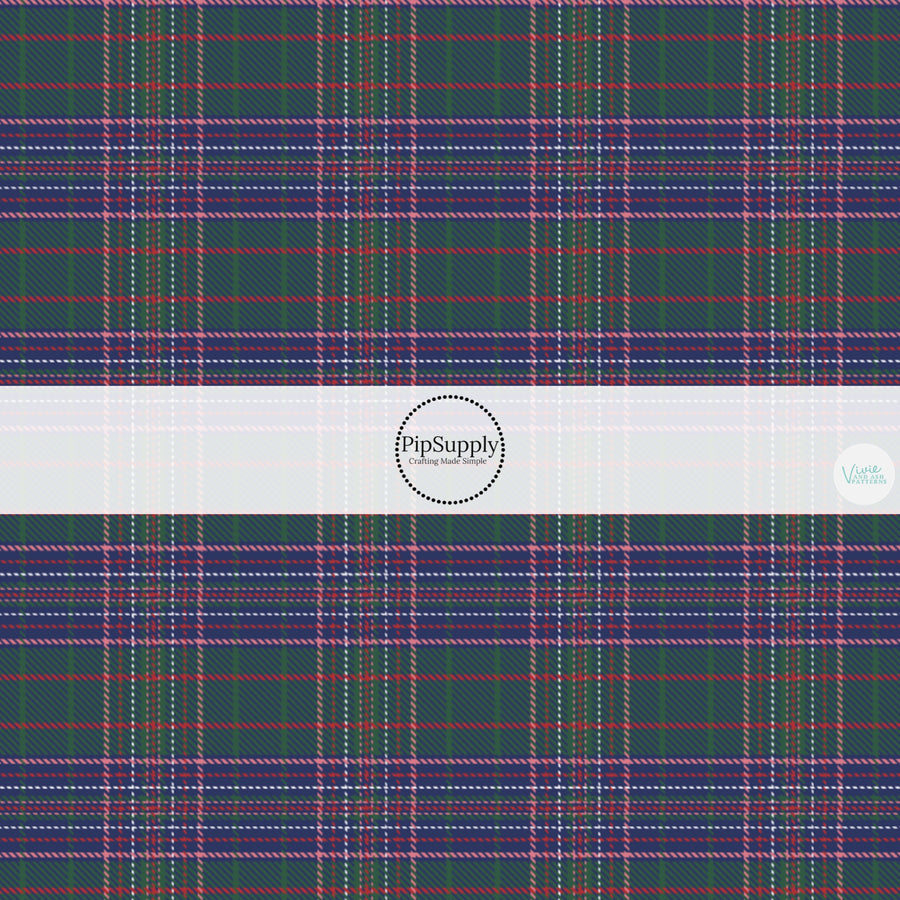 These school uniform plaid themed fabric by the yard features colorful plaid pattern on dark green. This fun themed fabric can be used for all your sewing and crafting needs!