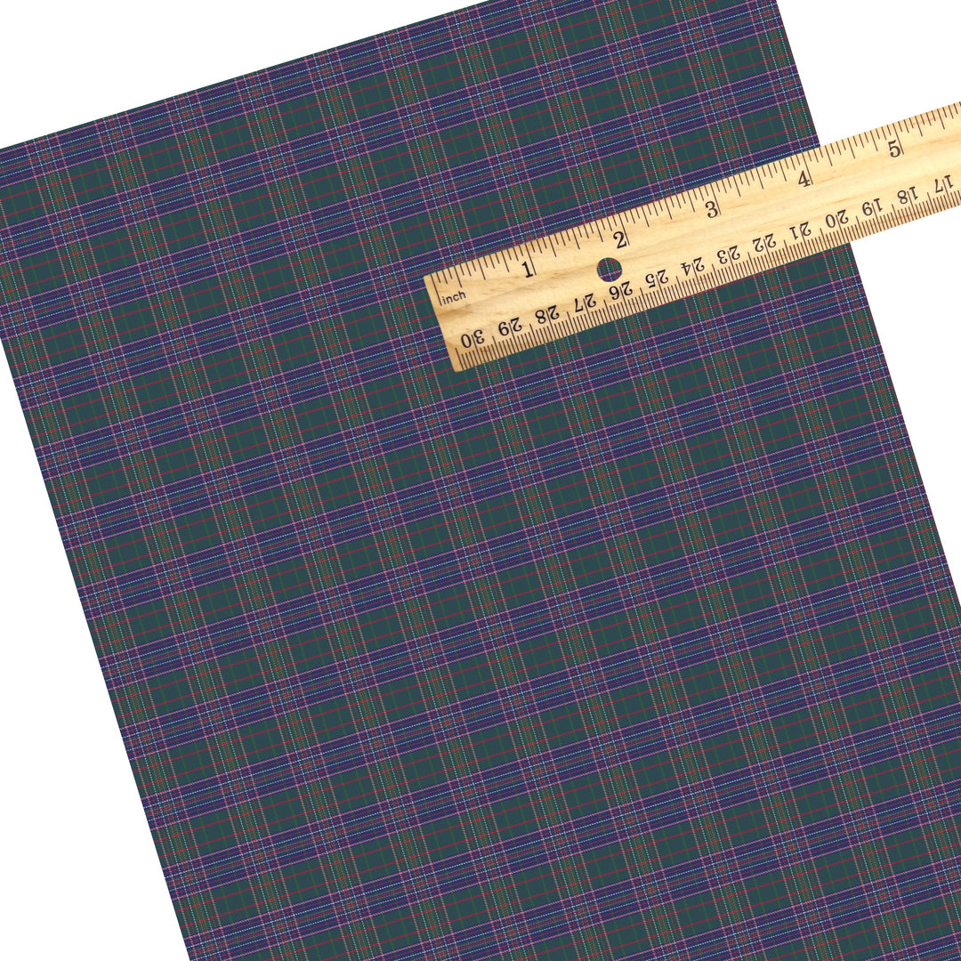 These school uniform plaid themed faux leather sheets contain the following design elements: colorful plaid on dark green. Our CPSIA compliant faux leather sheets or rolls can be used for all types of crafting projects.