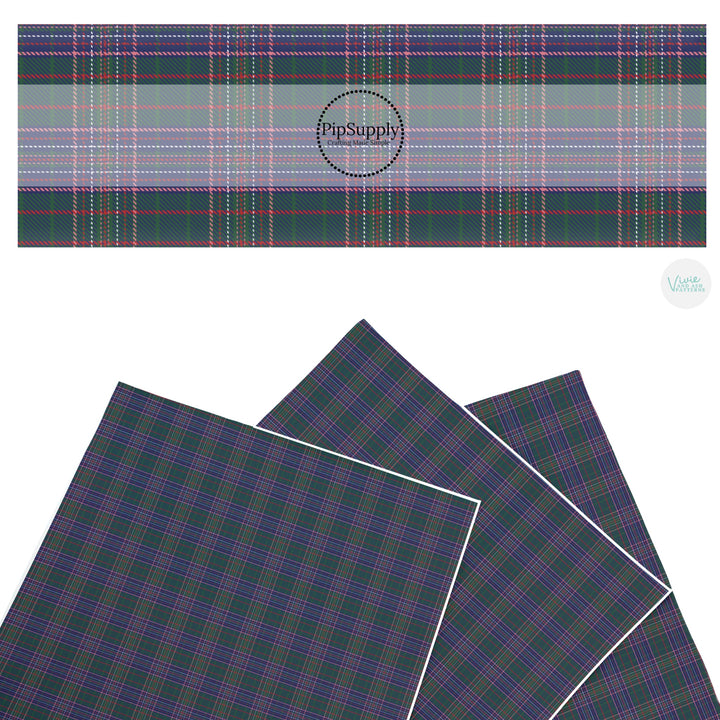 These school uniform plaid themed faux leather sheets contain the following design elements: colorful plaid on dark green. Our CPSIA compliant faux leather sheets or rolls can be used for all types of crafting projects.