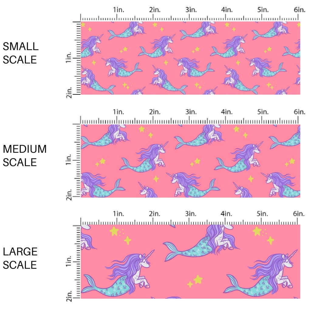 These bright ocean themed fabric by the yard features unicorn mermaid creatures on pink. This fun pattern fabric can be used for all your sewing and crafting needs!