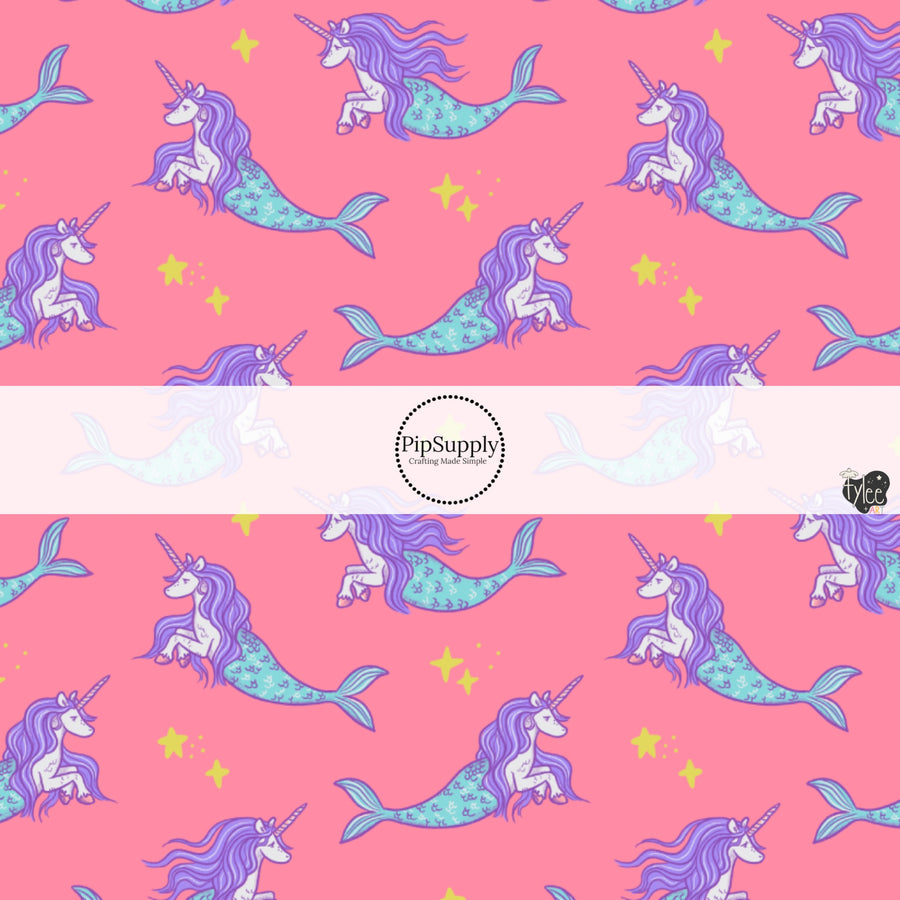 These bright ocean themed fabric by the yard features unicorn mermaid creatures on pink. This fun pattern fabric can be used for all your sewing and crafting needs!