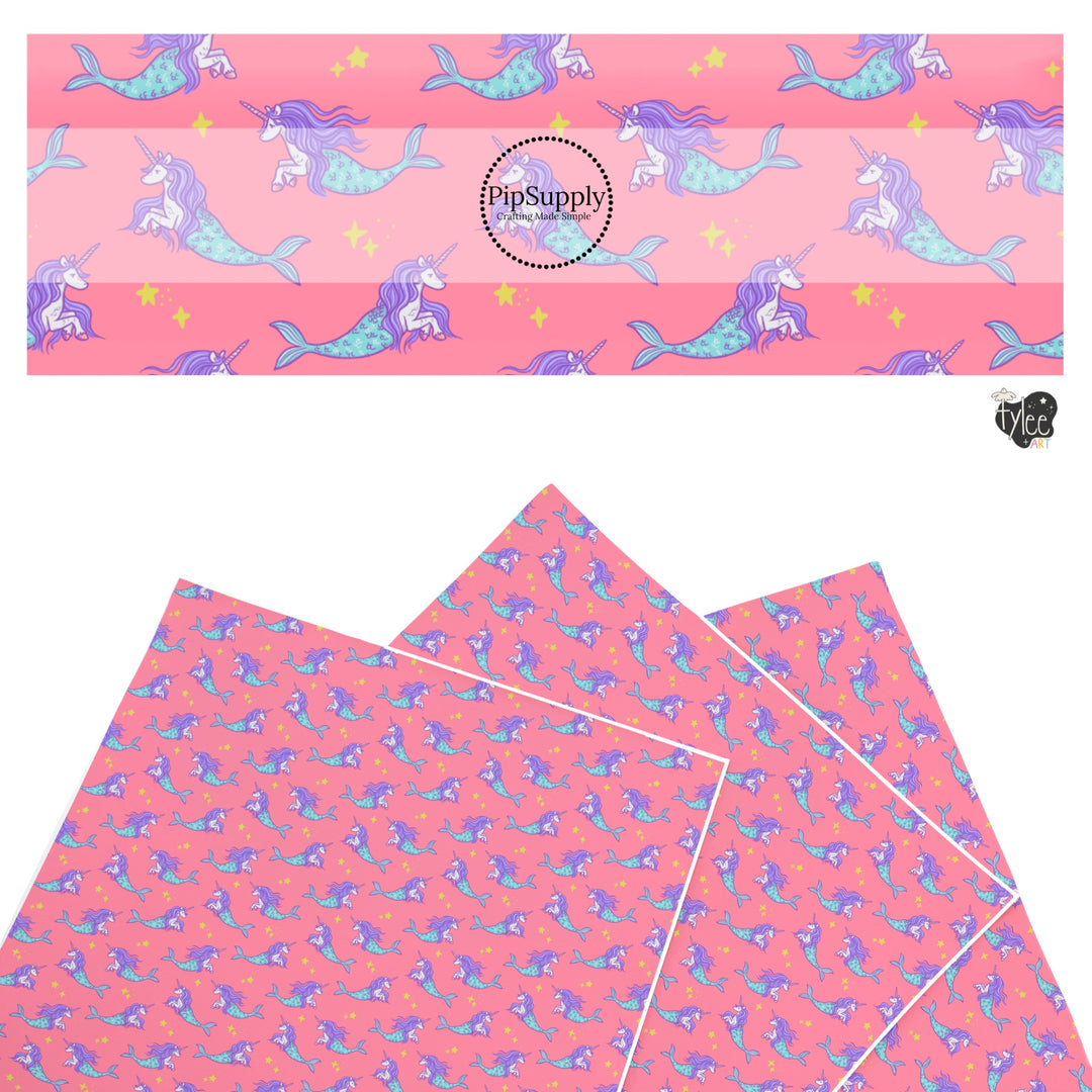 These bright ocean themed faux leather sheets contain the following design elements: unicorn mermaid creatures on pink. Our CPSIA compliant faux leather sheets or rolls can be used for all types of crafting projects.