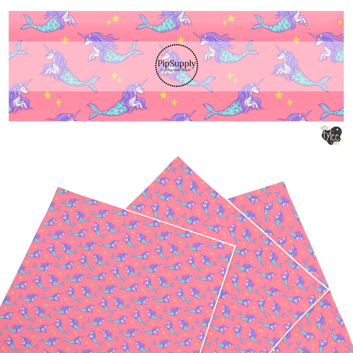 These bright ocean themed faux leather sheets contain the following design elements: unicorn mermaid creatures on pink. Our CPSIA compliant faux leather sheets or rolls can be used for all types of crafting projects.