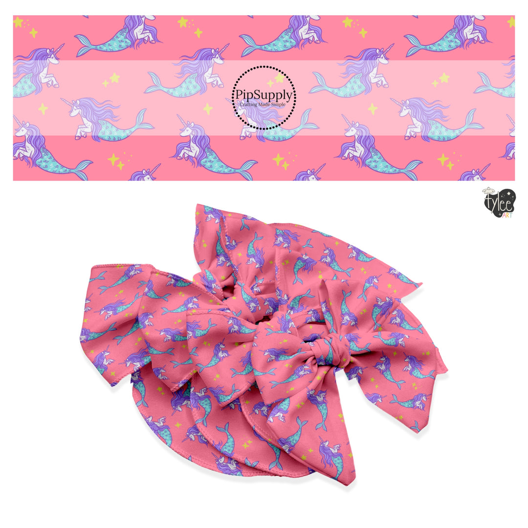 These spring no sew bow strips can be easily tied and attached to a clip for a finished hair bow. These fun bow strips are great for personal use or to sell. These bow strips feature the following design elements: unicorn mermaid creatures on pink.