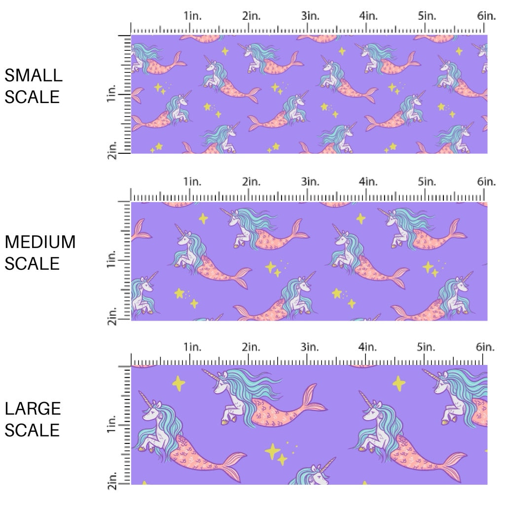 These bright ocean themed fabric by the yard features unicorn mermaid creatures on purple. This fun pattern fabric can be used for all your sewing and crafting needs!