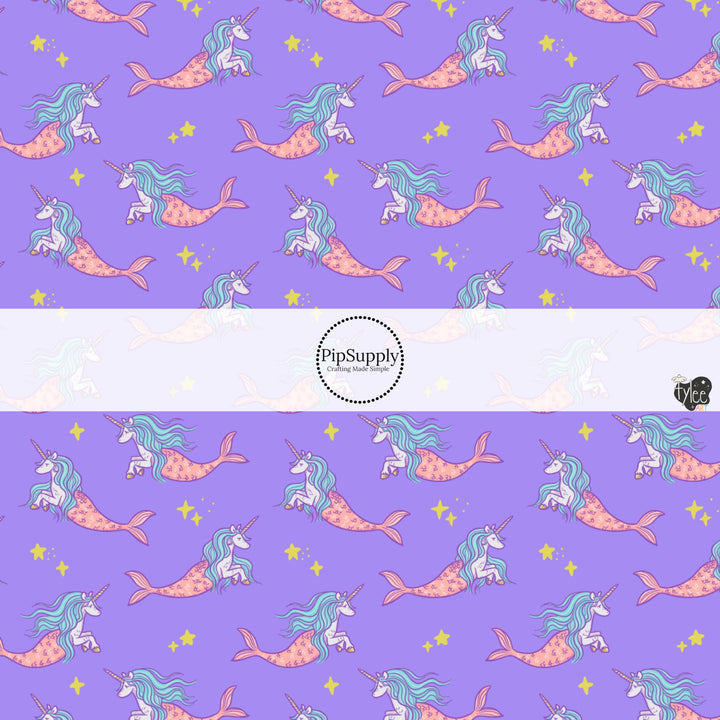 These bright ocean themed fabric by the yard features unicorn mermaid creatures on purple. This fun pattern fabric can be used for all your sewing and crafting needs!