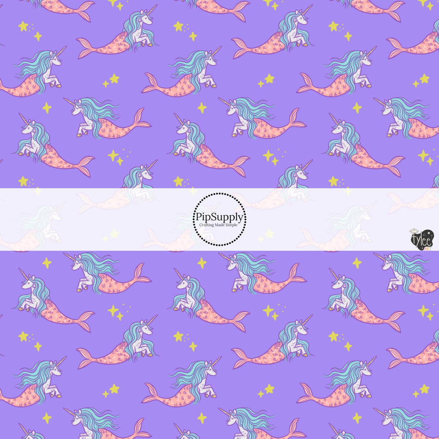 These bright ocean themed fabric by the yard features unicorn mermaid creatures on purple. This fun pattern fabric can be used for all your sewing and crafting needs!