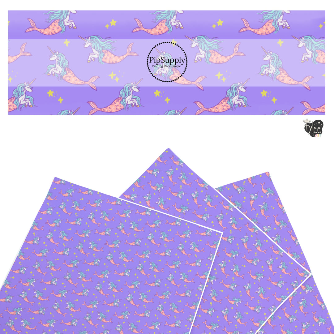 These bright ocean themed faux leather sheets contain the following design elements: unicorn mermaid creatures on purple. Our CPSIA compliant faux leather sheets or rolls can be used for all types of crafting projects.