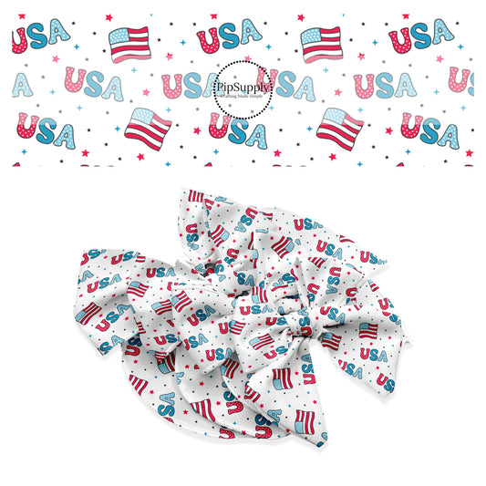 These 4th of July themed no sew bow strips can be easily tied and attached to a clip for a finished hair bow. These patterned bow strips are great for personal use or to sell. These bow strips feature patterned "USA" words, American flags, and tiny patriotic stars.