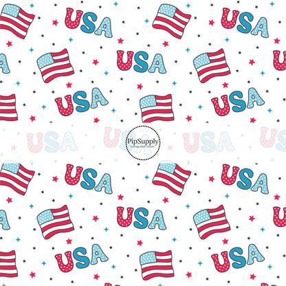 These 4th of July themed no sew bow strips can be easily tied and attached to a clip for a finished hair bow. These patterned bow strips are great for personal use or to sell. These bow strips feature patterned "USA" words, American flags, and tiny patriotic stars.