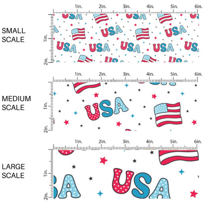This scale chart of small scale, medium scale, and large scale of this 4th of July fabric by the yard features patterned "USA" words, American flags, and tiny patriotic stars. This fun patriotic themed fabric can be used for all your sewing and crafting needs!