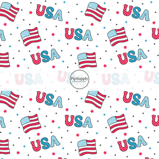 This 4th of July fabric by the yard features patterned "USA" words, American flags, and tiny patriotic stars. This fun patriotic themed fabric can be used for all your sewing and crafting needs!