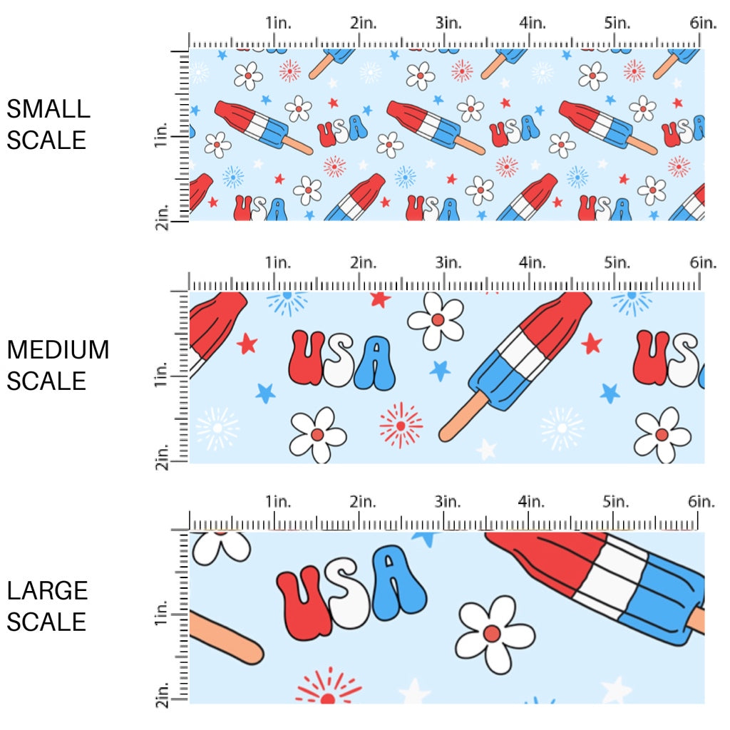 This scale chart of small scale, medium scale, and large scale of this 4th of July fabric by the yard features USA, popsicles, and daisies. This fun patriotic themed fabric can be used for all your sewing and crafting needs!