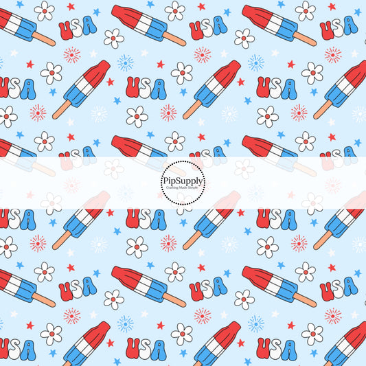 This 4th of July fabric by the yard features USA, popsicles, and daisies. This fun patriotic themed fabric can be used for all your sewing and crafting needs!