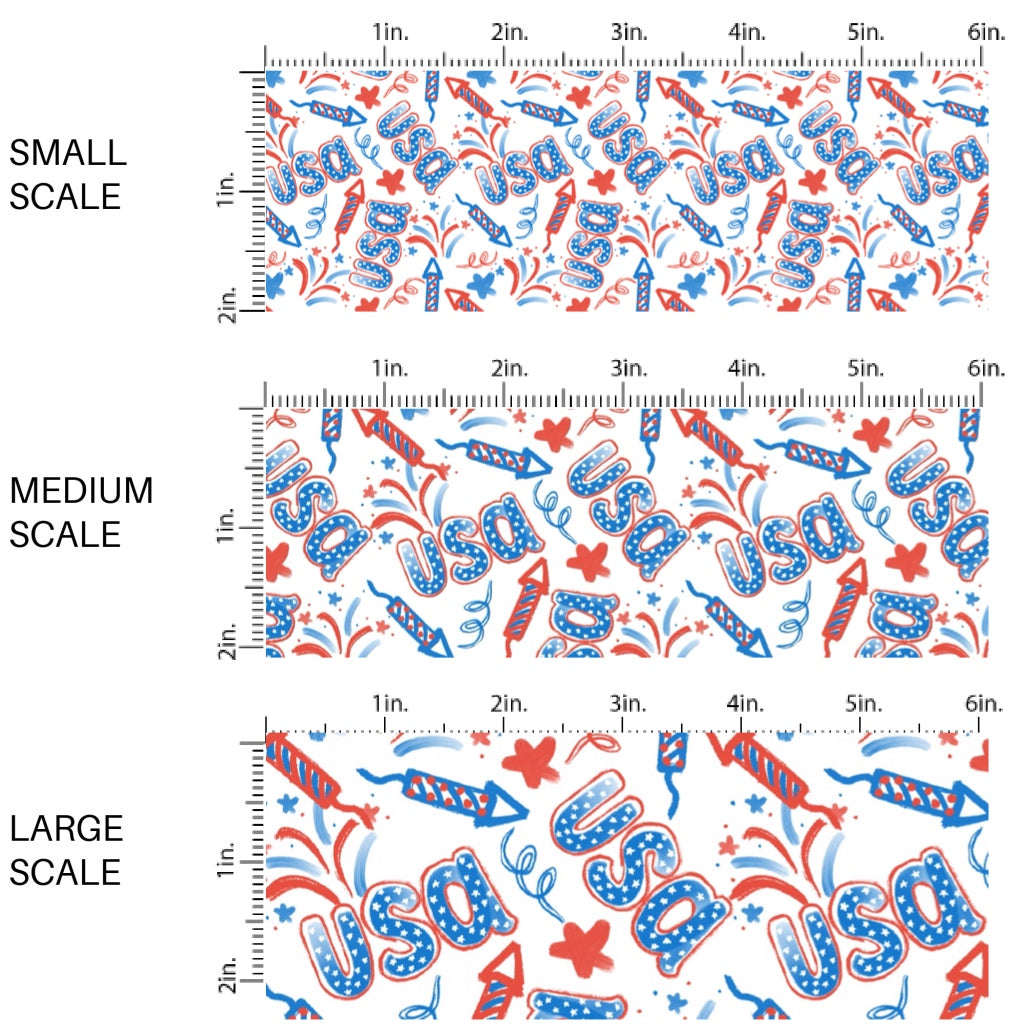 These patriotic fabric by the yard features patriotic fireworks, stars, and "USA." This fun pattern fabric can be used for all your sewing and crafting needs! 