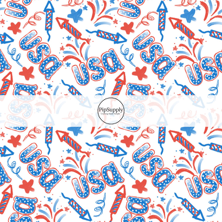 These patriotic fabric by the yard features patriotic fireworks, stars, and "USA." This fun pattern fabric can be used for all your sewing and crafting needs! 