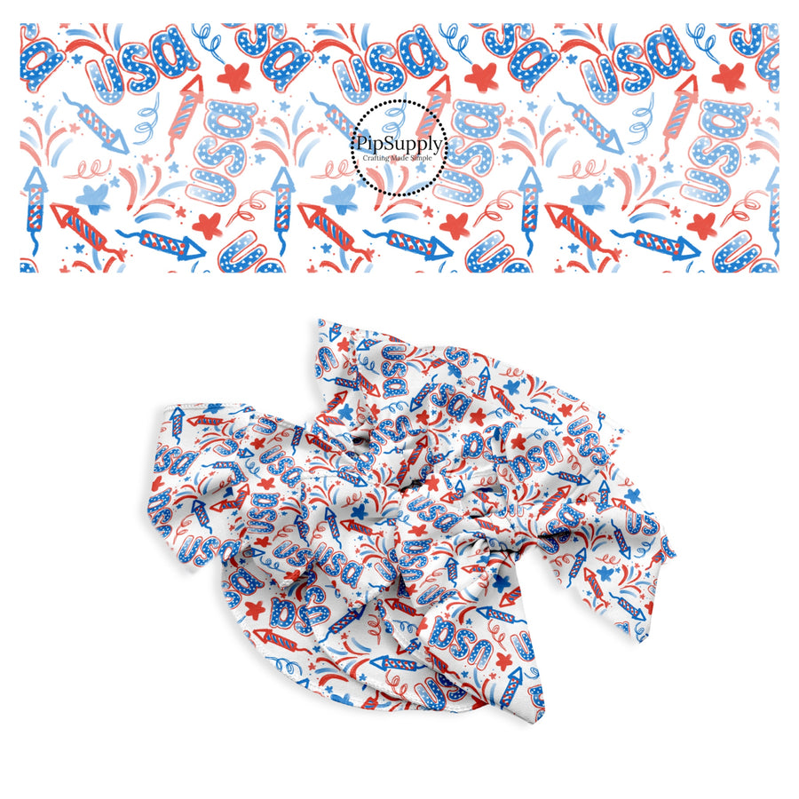 These patriotic pattern no sew bow strips can be easily tied and attached to a clip for a finished hair bow. These festive bow strips are great for personal use or to sell. These bow strips feature the following design elements: patriotic fireworks, stars, and "USA."