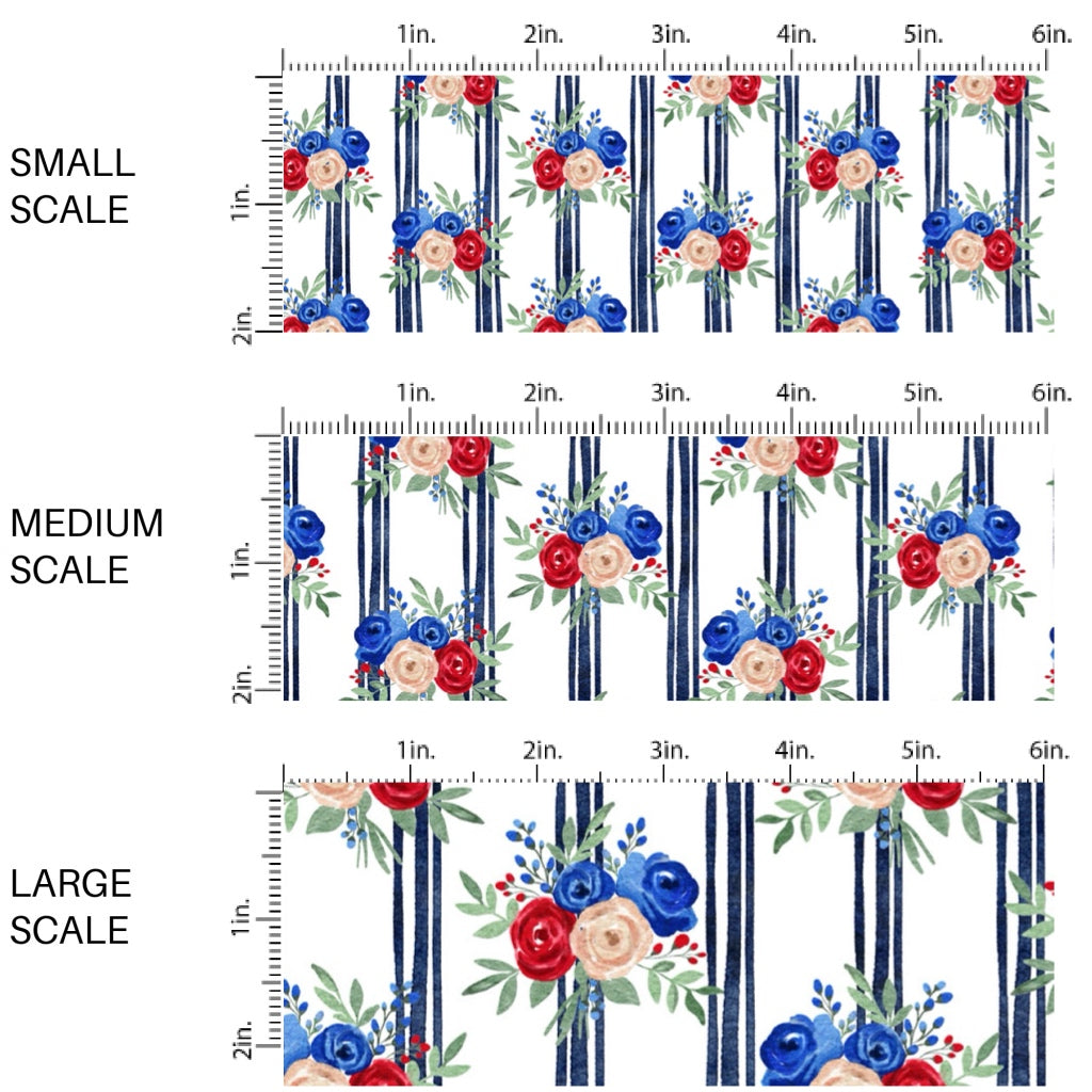 These patriotic fabric by the yard features navy stripes with patriotic flowers. This fun pattern fabric can be used for all your sewing and crafting needs!
