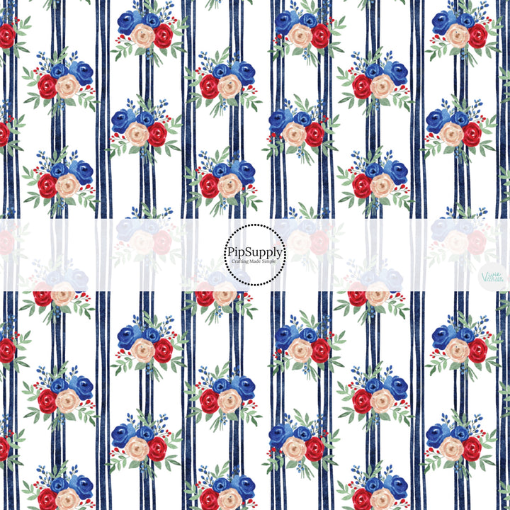 These patriotic fabric by the yard features navy stripes with patriotic flowers. This fun pattern fabric can be used for all your sewing and crafting needs!