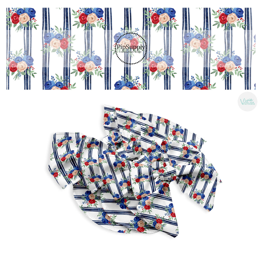 These patriotic stripes pattern no sew bow strips can be easily tied and attached to a clip for a finished hair bow. These festive bow strips are great for personal use or to sell. These bow strips feature the following design elements: navy stripes with patriotic flowers.