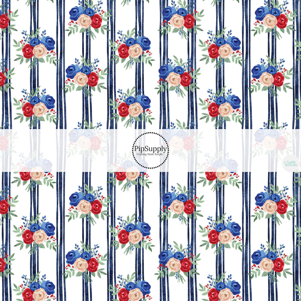 These patriotic stripes pattern no sew bow strips can be easily tied and attached to a clip for a finished hair bow. These festive bow strips are great for personal use or to sell. These bow strips feature the following design elements: navy stripes with patriotic flowers.