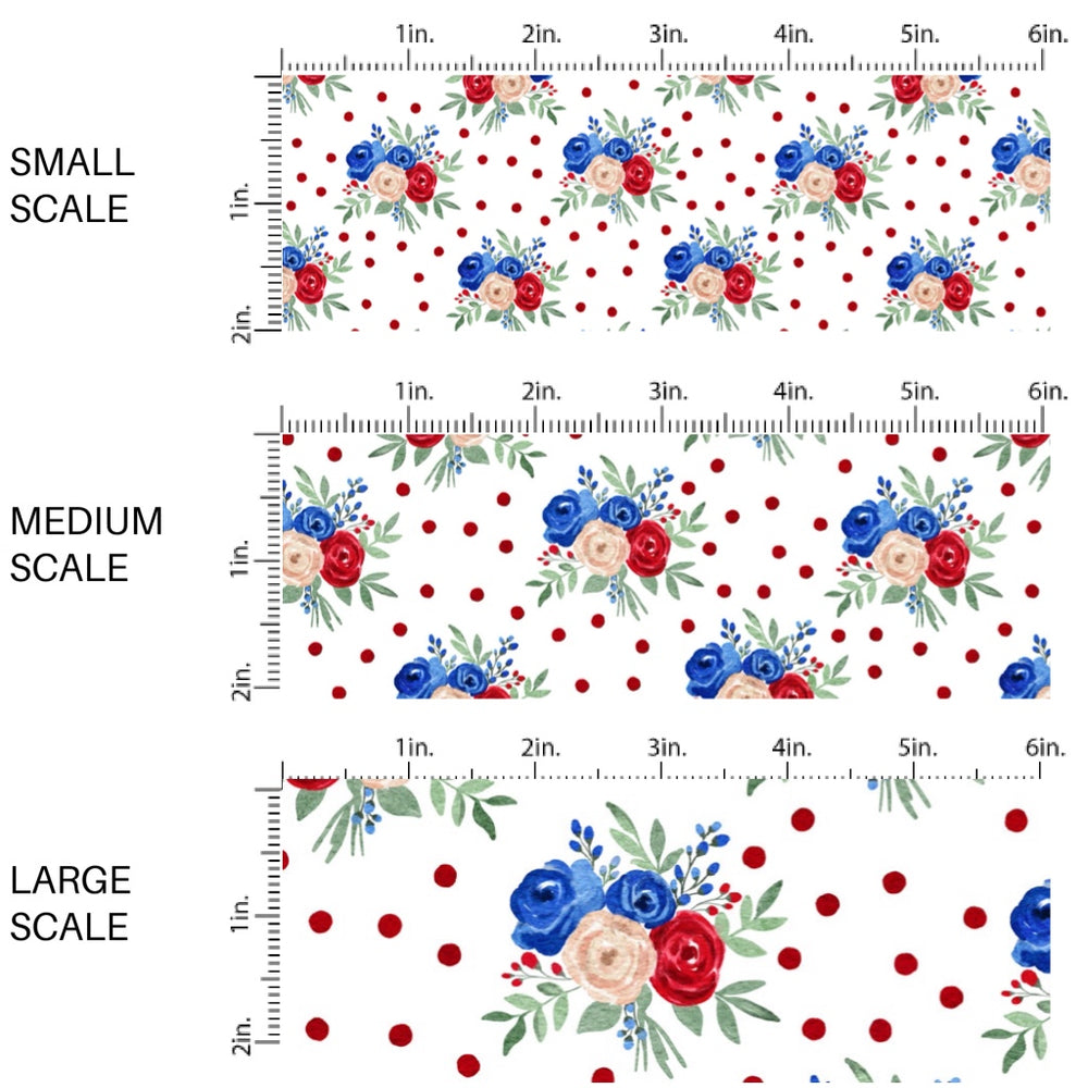 These patriotic fabric by the yard features red dots with patriotic flowers. This fun pattern fabric can be used for all your sewing and crafting needs!