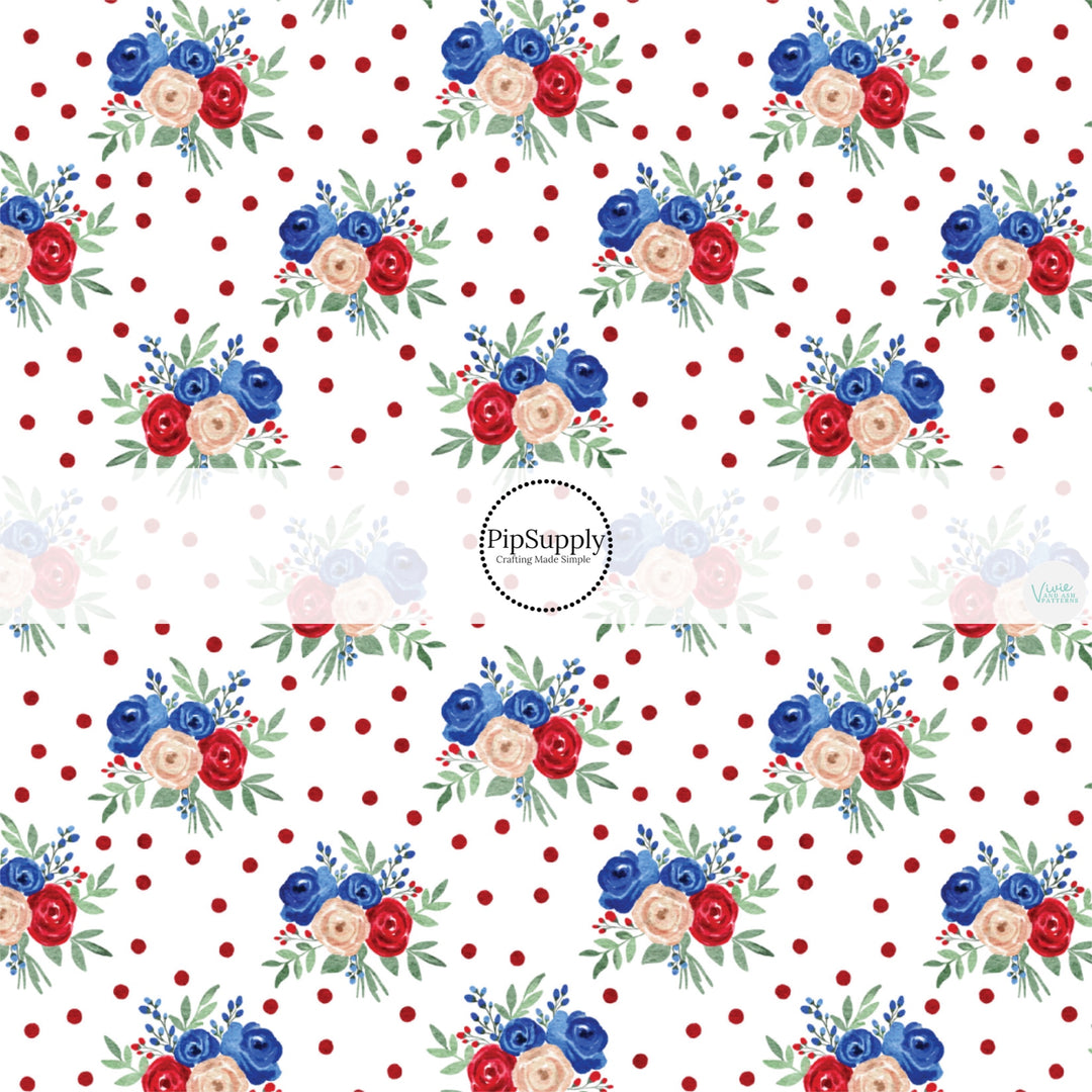 These patriotic fabric by the yard features red dots with patriotic flowers. This fun pattern fabric can be used for all your sewing and crafting needs!