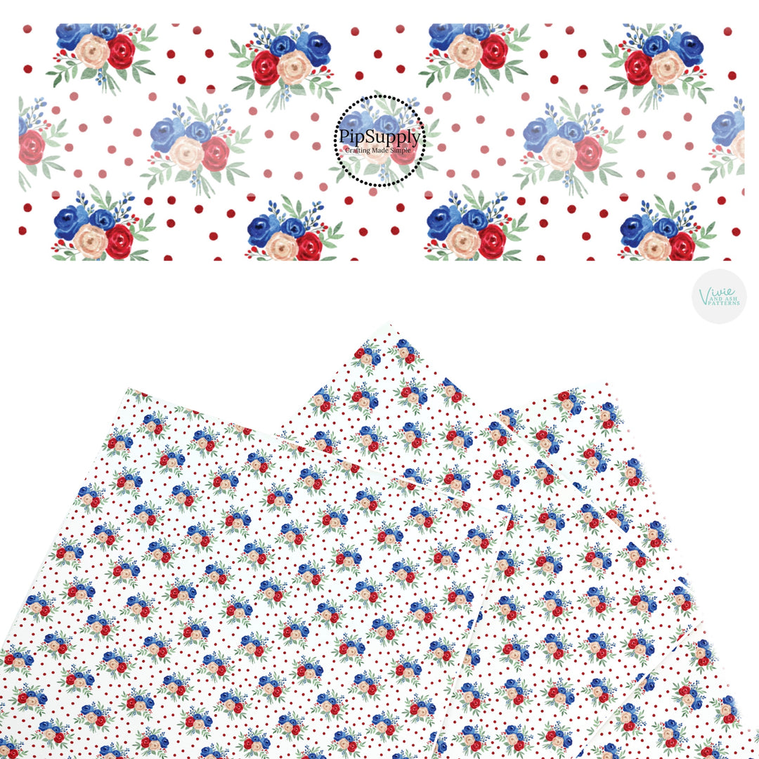 These patriotic faux leather sheets contain the following design elements: red dots with patriotic flowers. Our CPSIA compliant faux leather sheets or rolls can be used for all types of crafting projects.