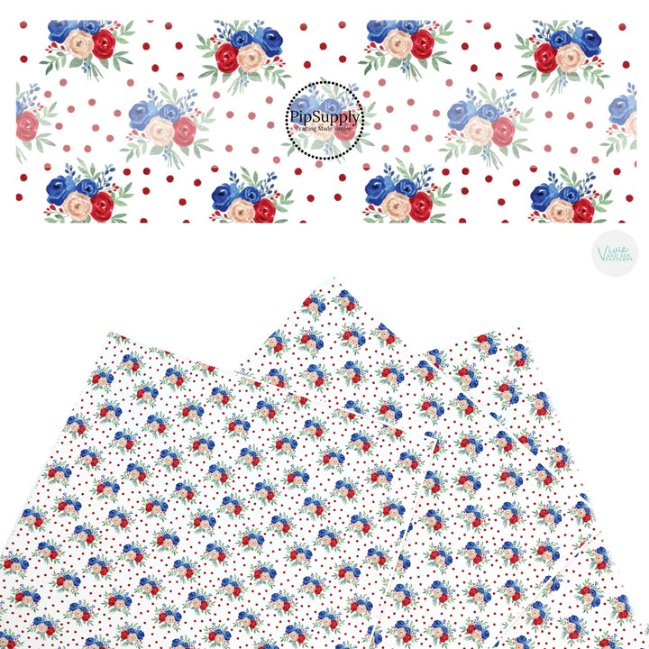 These patriotic faux leather sheets contain the following design elements: red dots with patriotic flowers. Our CPSIA compliant faux leather sheets or rolls can be used for all types of crafting projects.