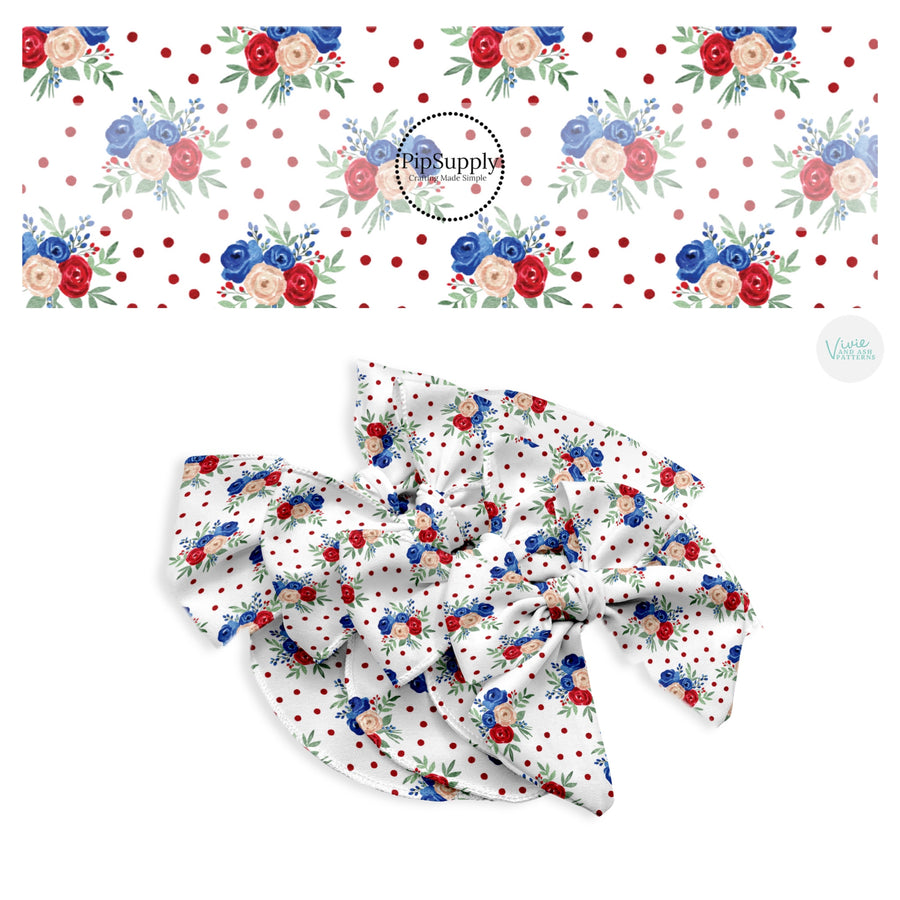 These patriotic flowers and dots pattern no sew bow strips can be easily tied and attached to a clip for a finished hair bow. These festive bow strips are great for personal use or to sell. These bow strips feature the following design elements: red dots with patriotic flowers.