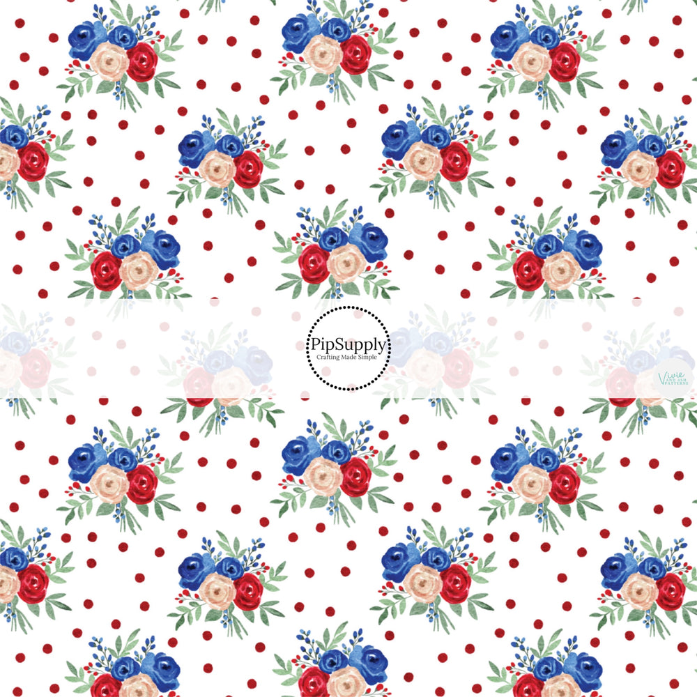 These patriotic flowers and dots pattern no sew bow strips can be easily tied and attached to a clip for a finished hair bow. These festive bow strips are great for personal use or to sell. These bow strips feature the following design elements: red dots with patriotic flowers.