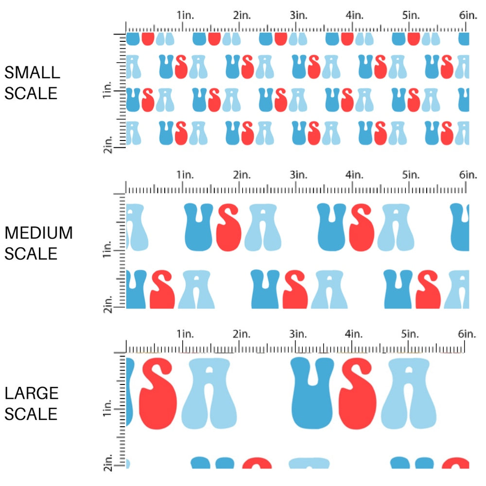 This scale chart of small scale, medium scale, and large scale of this 4th of July fabric by the yard features USA on white. This fun patriotic themed fabric can be used for all your sewing and crafting needs!