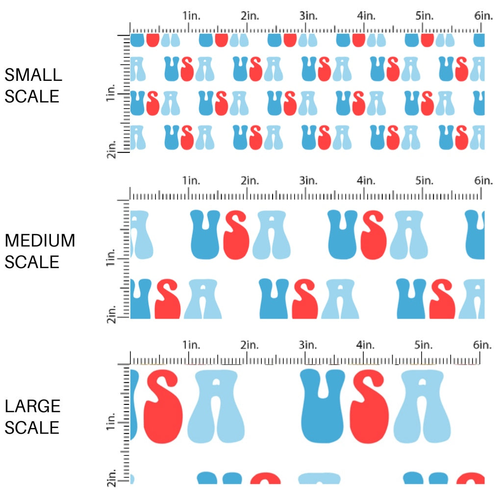 This scale chart of small scale, medium scale, and large scale of this 4th of July fabric by the yard features USA on white. This fun patriotic themed fabric can be used for all your sewing and crafting needs!