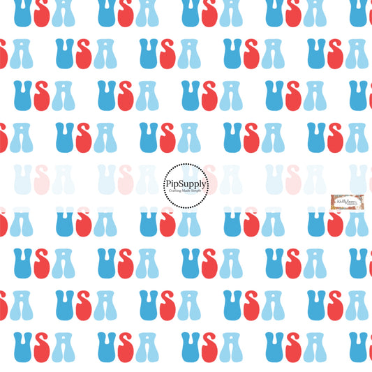 This 4th of July fabric by the yard features USA on white. This fun patriotic themed fabric can be used for all your sewing and crafting needs!