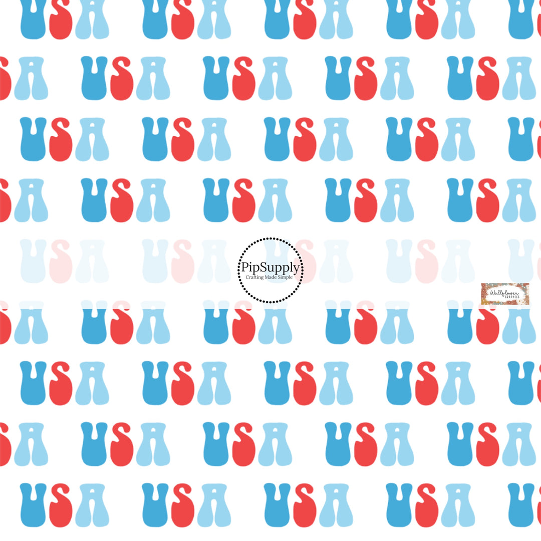 This 4th of July fabric by the yard features USA on white. This fun patriotic themed fabric can be used for all your sewing and crafting needs!