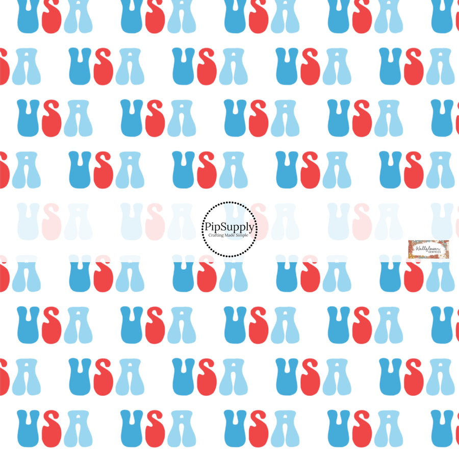 This 4th of July fabric by the yard features USA on white. This fun patriotic themed fabric can be used for all your sewing and crafting needs!