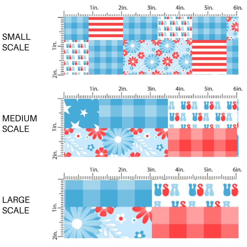 This scale chart of small scale, medium scale, and large scale of this 4th of July fabric by the yard features patriotic quilt with red, white, and blue patterns. This fun patriotic themed fabric can be used for all your sewing and crafting needs!