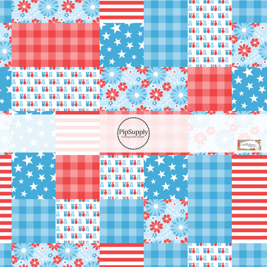 This 4th of July fabric by the yard features patriotic quilt with red, white, and blue patterns. This fun patriotic themed fabric can be used for all your sewing and crafting needs!
