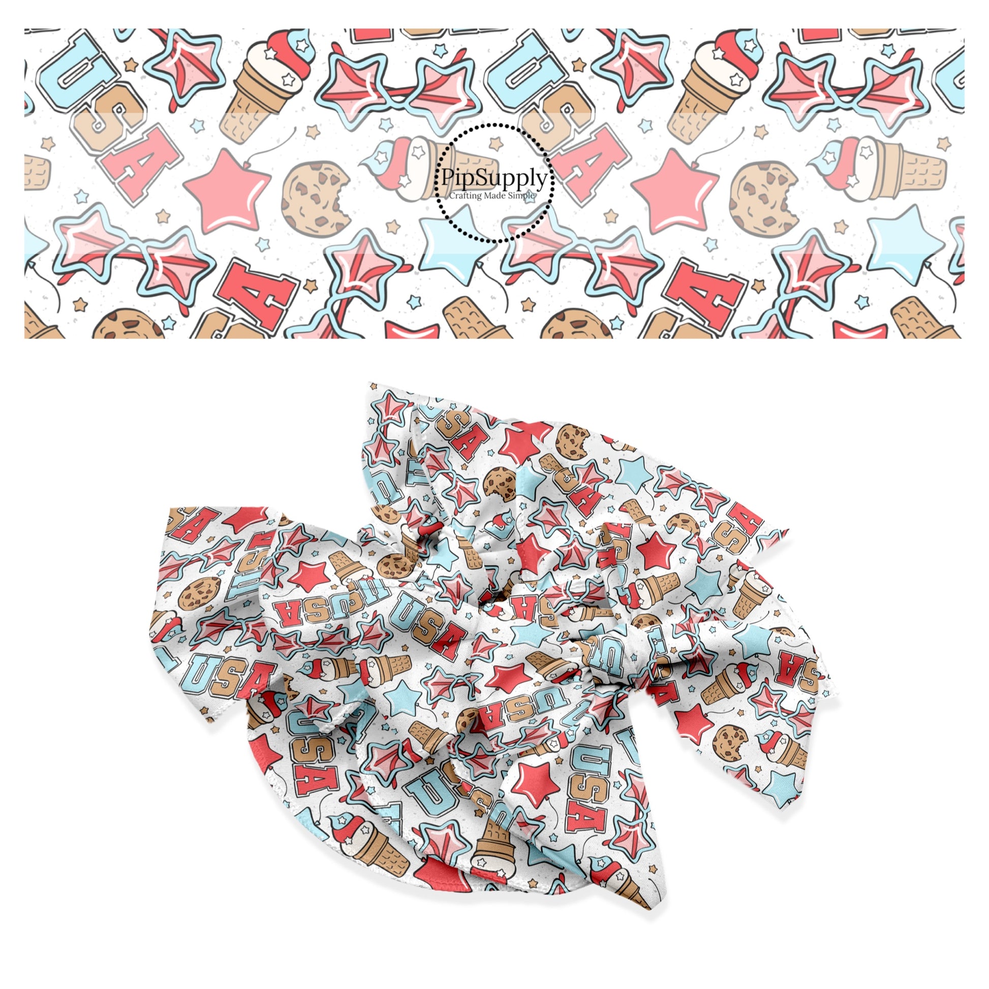 These 4th of July themed no sew bow strips can be easily tied and attached to a clip for a finished hair bow. These patterned bow strips are great for personal use or to sell. These bow strips features USA, star-shaped sun glasses, cookies, and ice cream. The designer of this pattern is Julie Storie Designs.